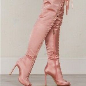Pink Satin Lace-Up Boots